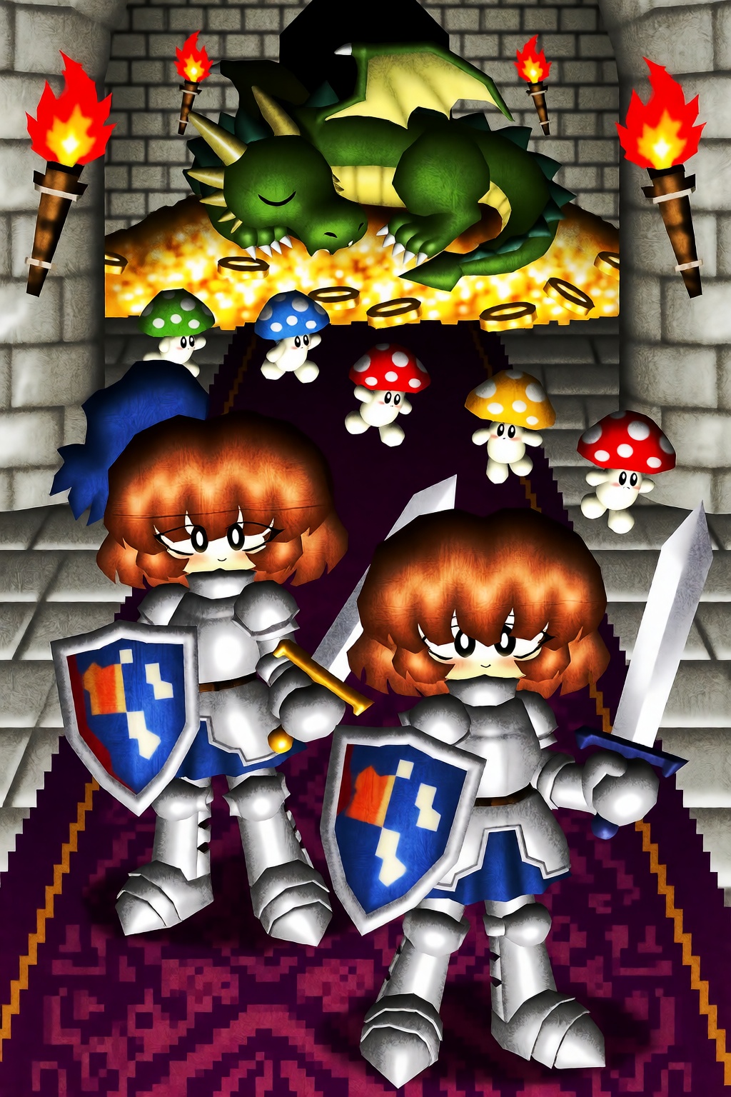 lastworry111,  Low-poly style with a cartoonish style. 2girls,  dressed in knightly armor. They are holding shields and sw...
