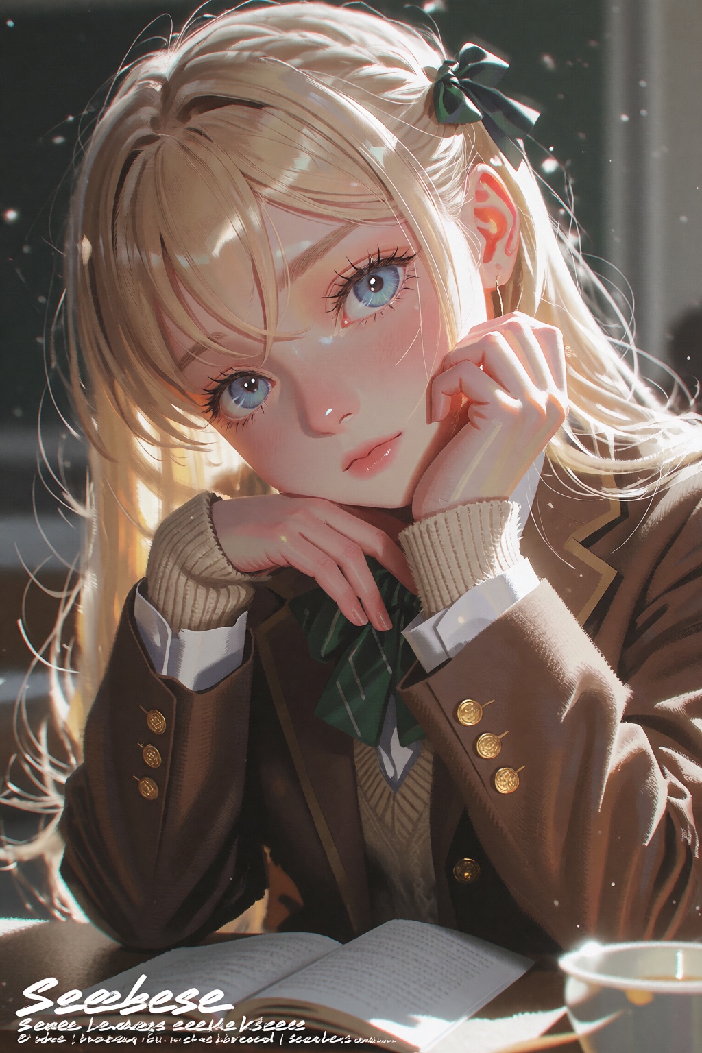 1girl with blonde hair and blue eyes in a cute solo pose,  looking directly at the viewer. She is wearing a school uniform...