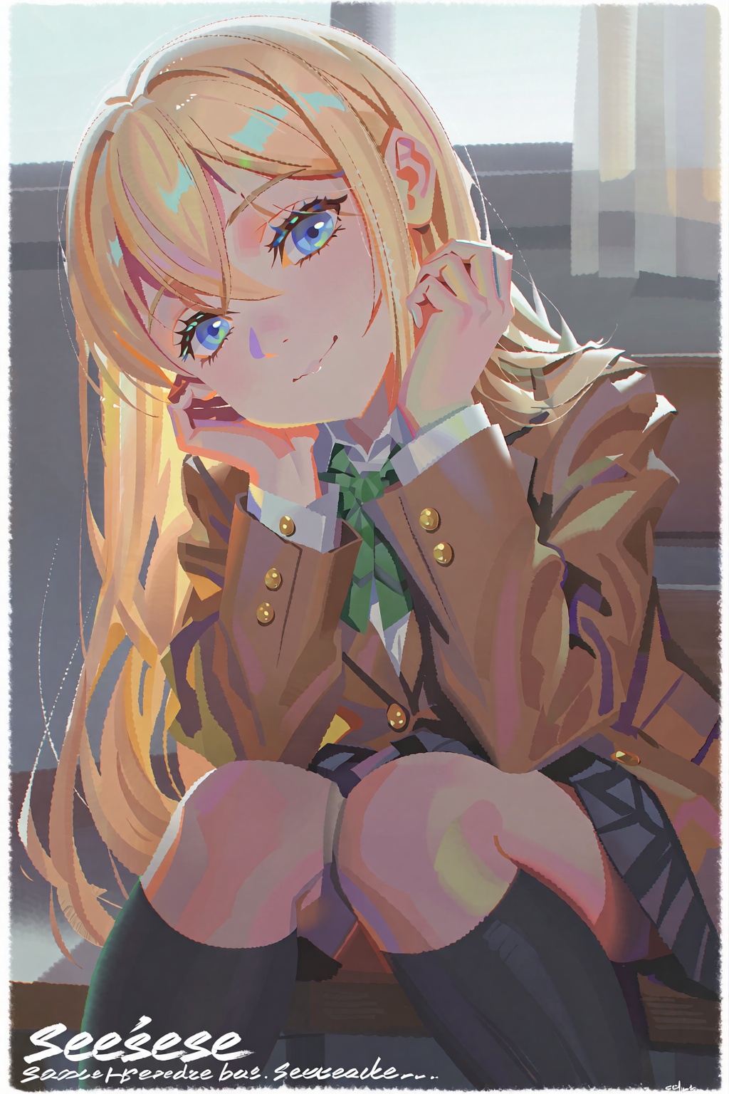 1girl with blonde hair and blue eyes in a cute solo pose,  looking directly at the viewer. She is wearing a school uniform...