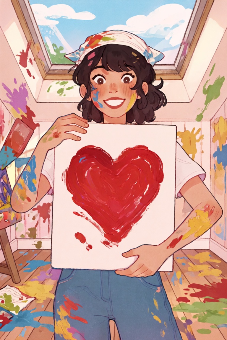 @ChLthr,  digital illustration Waist-up shot of a young woman standing in a room with paint-splattered floorboards,  holdi...