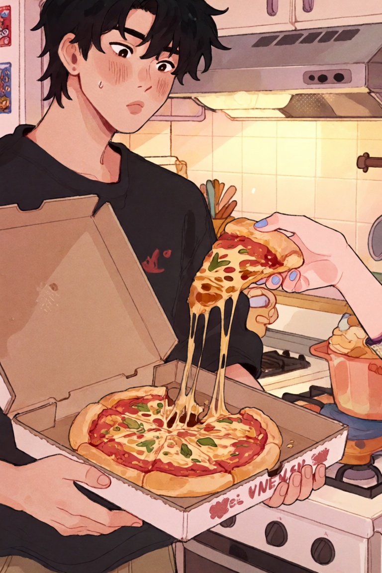 @ChLthr,  digital illustration Close-up of a young man holding an open pizza box while a young woman’s hand reaches in fro...