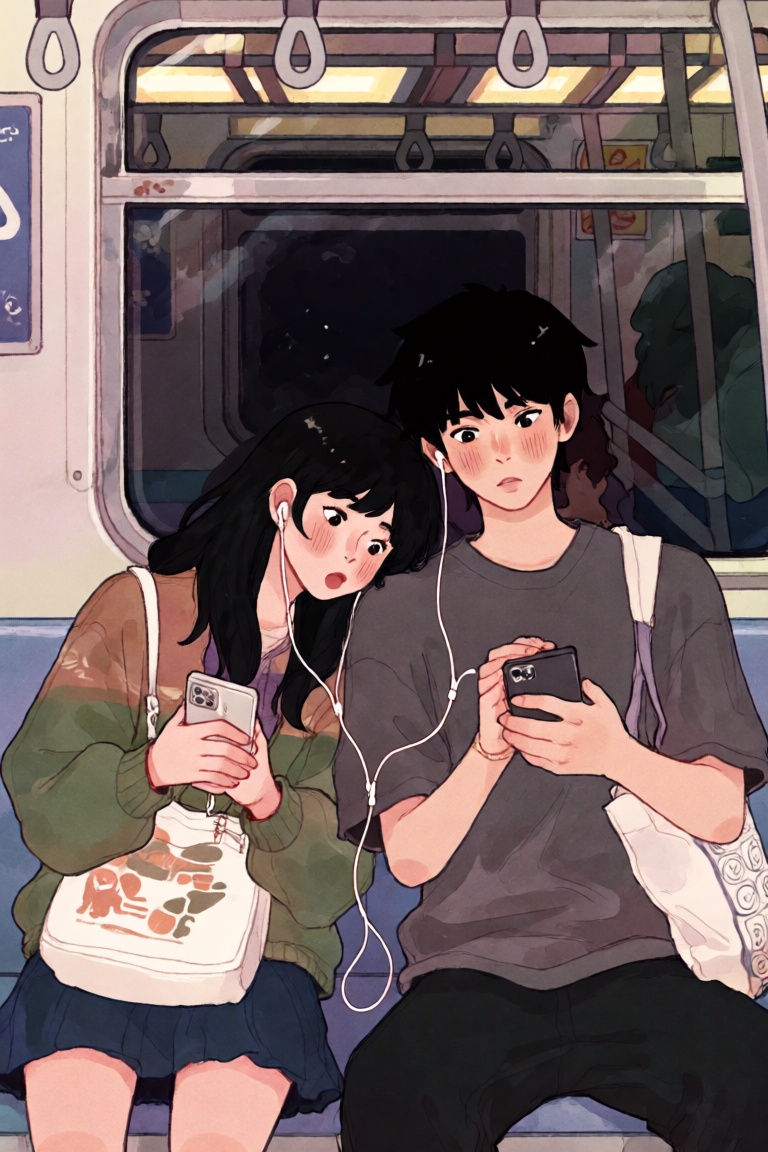 @ChLthr,  digital illustration Portrait of two friends on a subway train,  a young woman with her head dropped onto a youn...