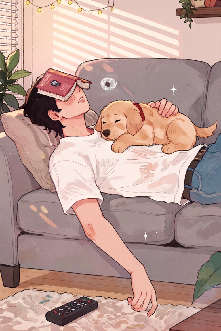 @ChLthr,  digital illustration Waist-up shot of a young man sprawled on a gray couch,  an open paperback resting face-down...