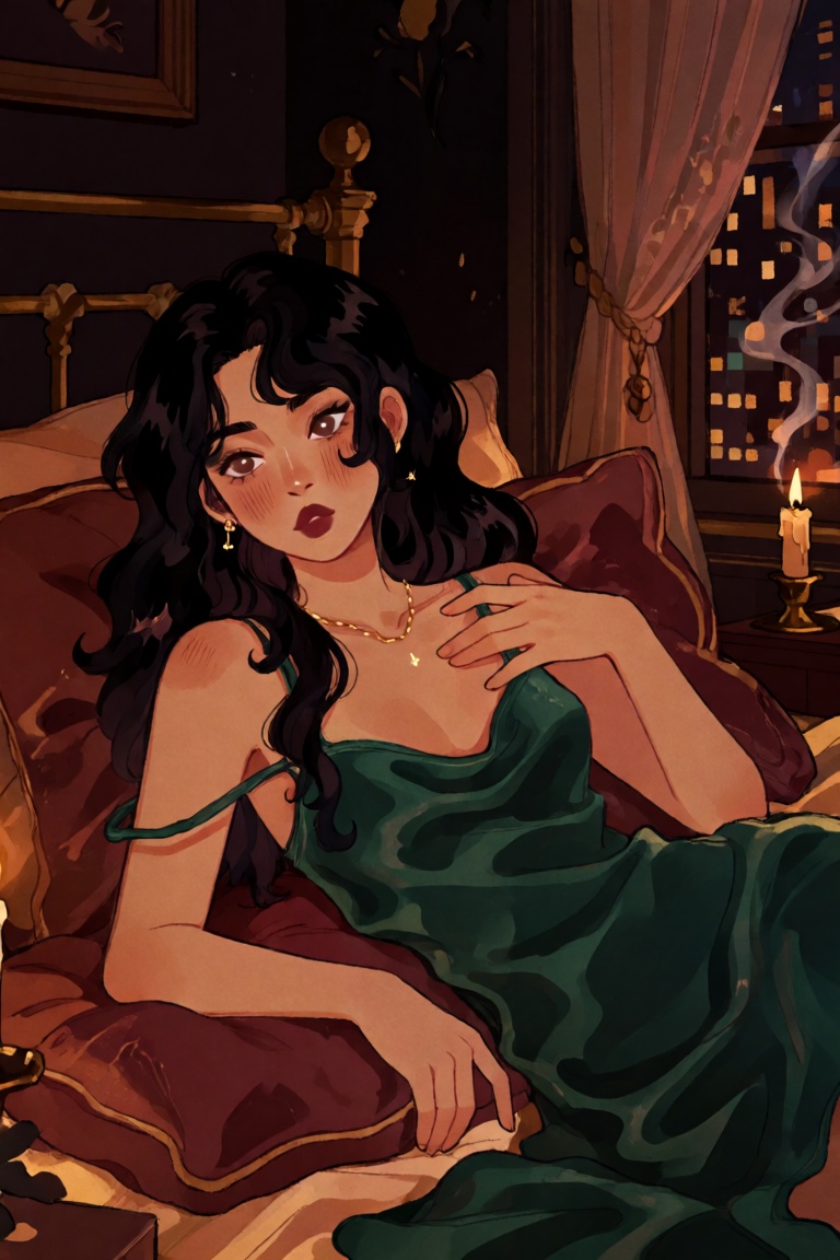 @ChLthr,  digital illustration A close-up portrait of a young woman reclining against dark velvet pillows in low amber lig...
