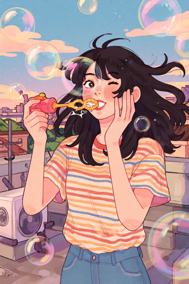 @ChLthr,  digital illustration Portrait of a young woman standing on a rooftop,  blowing soap bubbles from a pink plastic...