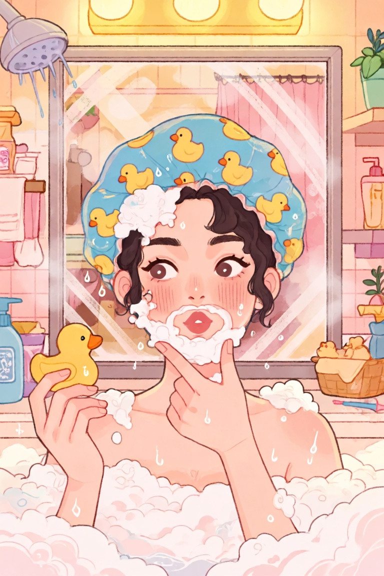 @ChLthr,  digital illustration Portrait of a young woman in a bathroom,  bare shoulders visible above the foam on Tensor.Art