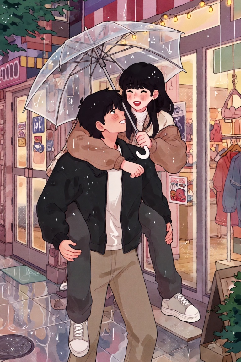 @ChLthr,  digital illustration Knee-up shot of a young man carrying a young woman on his back along a wet sidewalk. She ho...