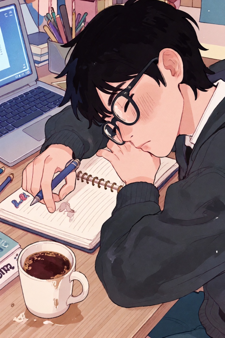 @ChLthr,  digital illustration Close-up of a young man asleep at a wooden desk,  his cheek flattened against an open noteb...