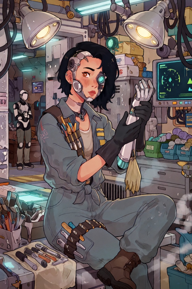 @ChLthr,  digital illustration A medium portrait of a young woman cyborg in a repair bay,  three-quarters view. Her face i...