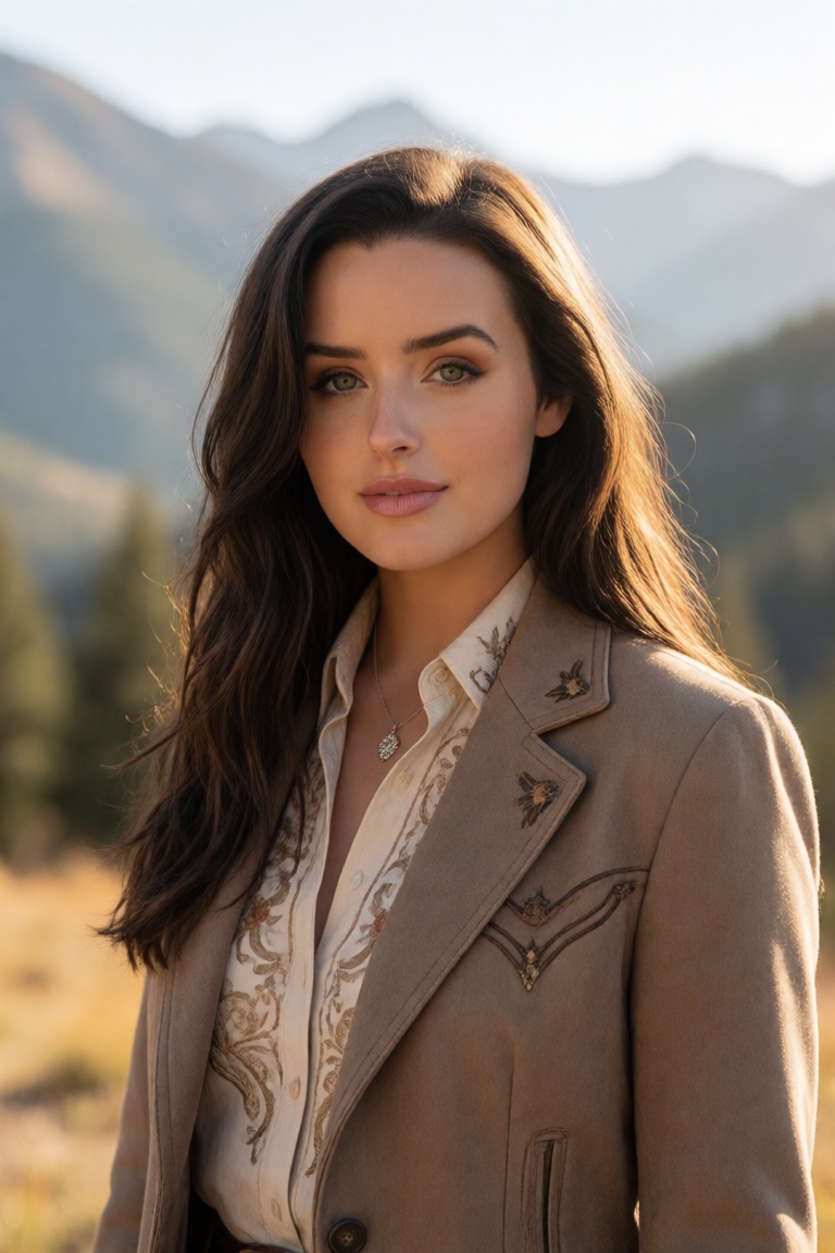 Professional editorial portrait photograph captured in a breathtaking mountainous landscape during golden-hour daylight. T...