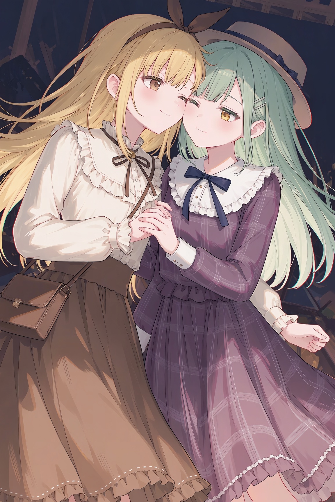 (Masterpiece,  art by Fuzichoco,  painterly cel-shading): YanQiaoke and Wakaba Mutsumi pressed closely together in a playf...