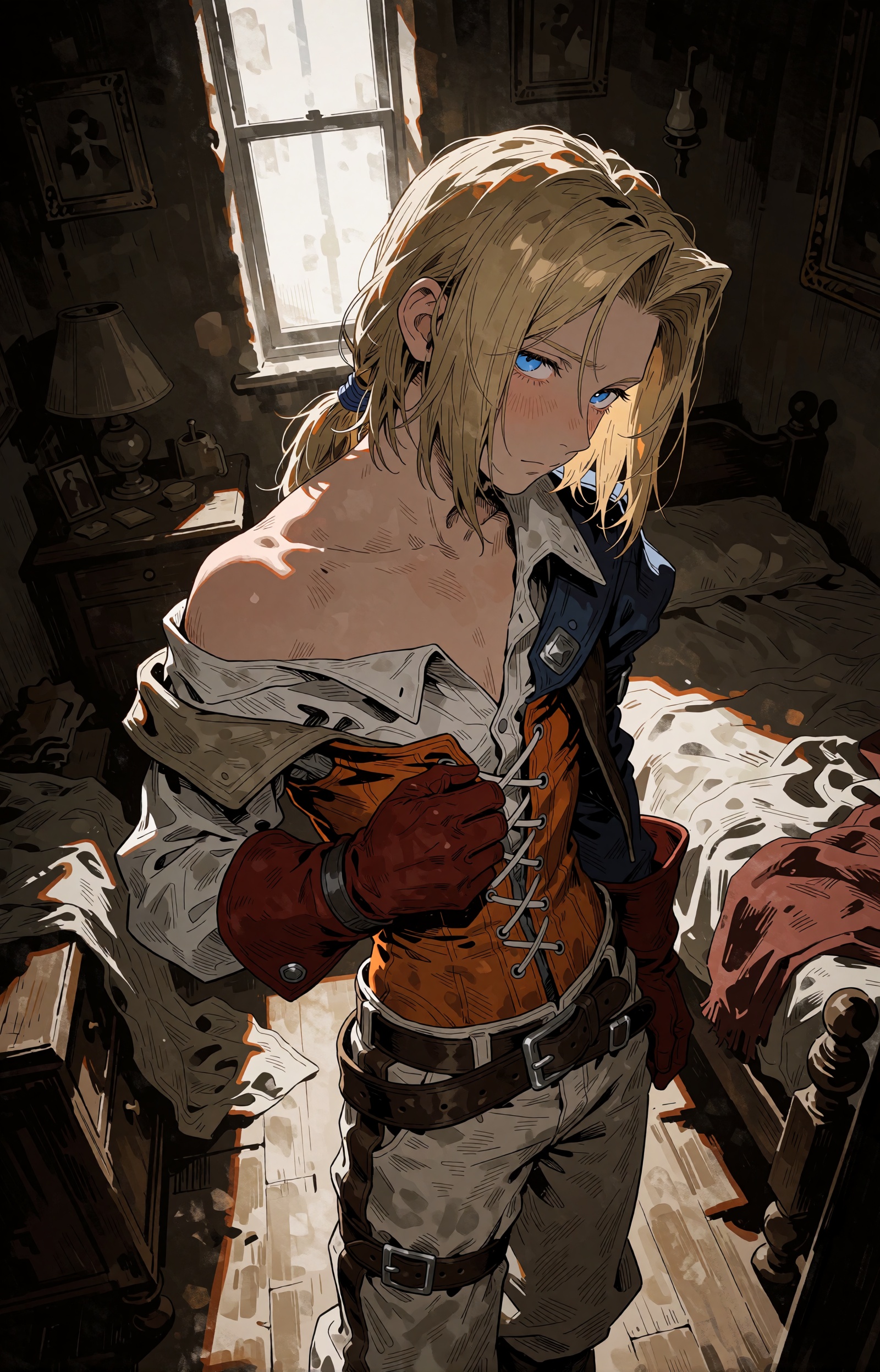 A young man with long blonde hair tied in a low ponytail and parted bangs framing his face — Zidane Tribal of Final Fantas...
