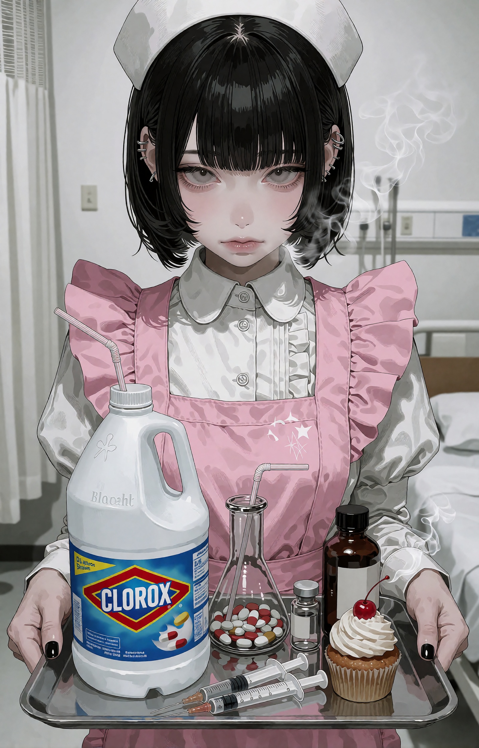 An eye-level medium shot with a muted,  cool pastel tone depicting a black-haired woman with straight bangs,  a bob haircu...