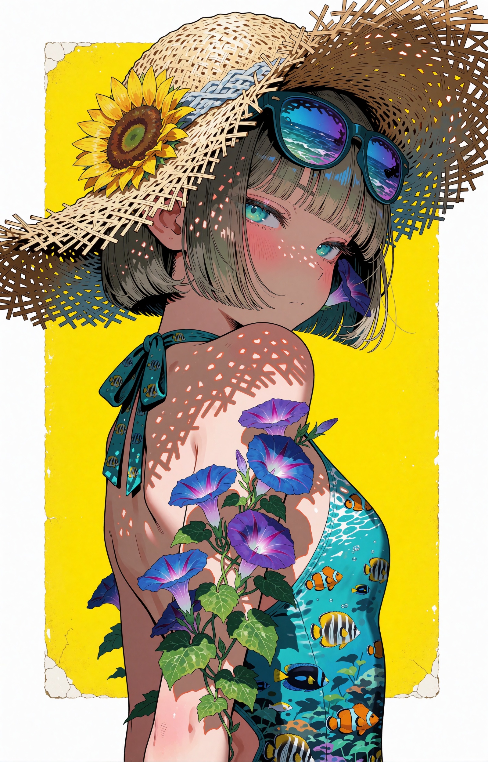 SUBJECT : A summer-day spirit girl with a blunt-cut ash-brown bob and heavy straight bangs glances back over her bare shou...