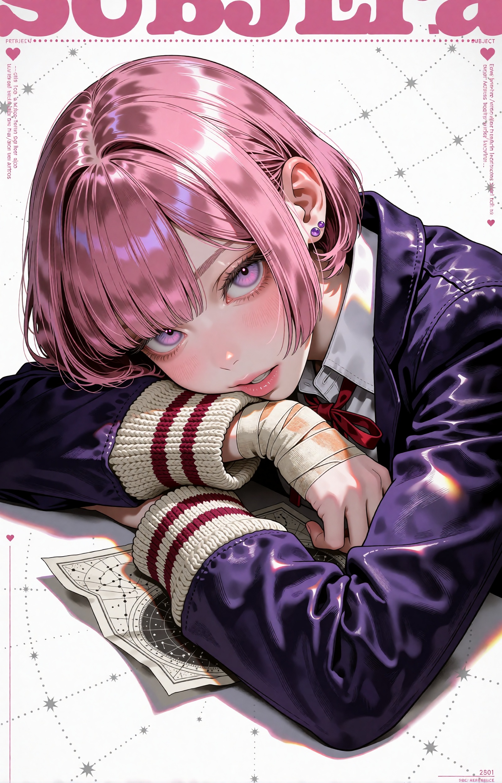 SUBJECT: A young woman with a glossy rose-pink bob rests her cheek on her crossed arms,  gazing straight out of the page w...
