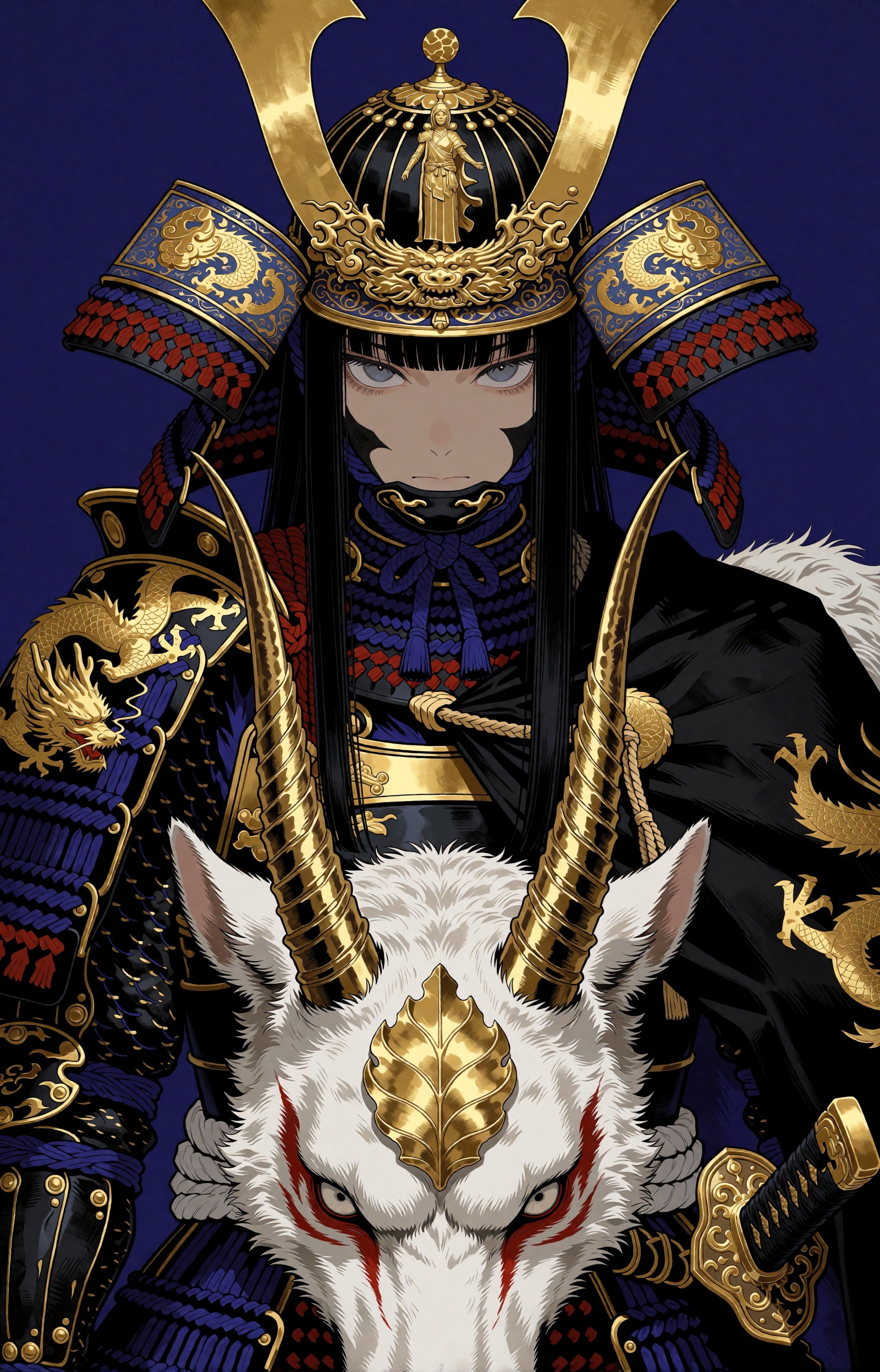 A stern-faced warrior with long straight black hair and blunt-cut bangs gazes forward with sharp blue-gray eyes,  crowned...