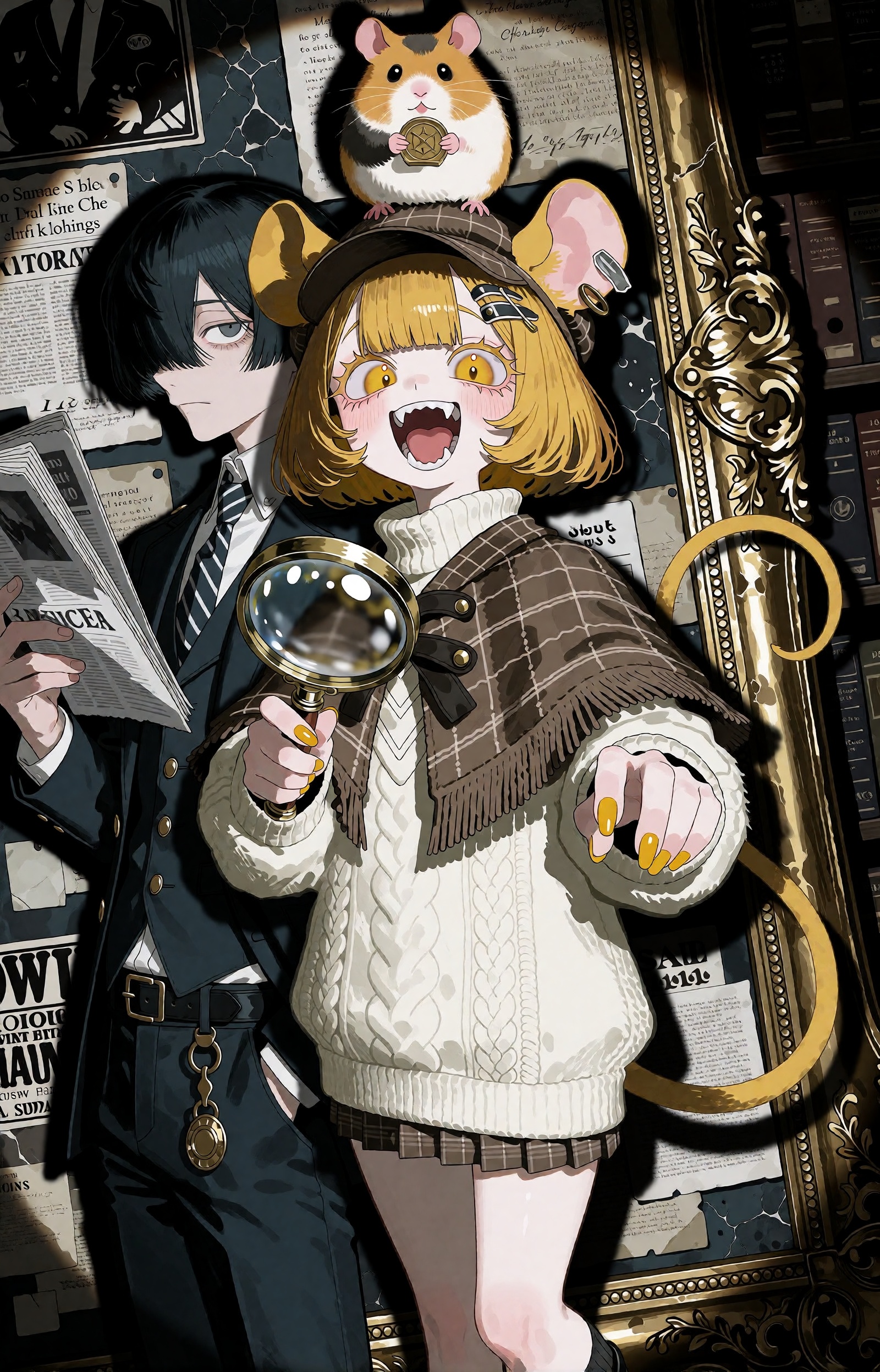 SUBJECT: A mouse-eared archive detective girl with honey-blonde hair and amber eyes shares the frame with her tall,  black...