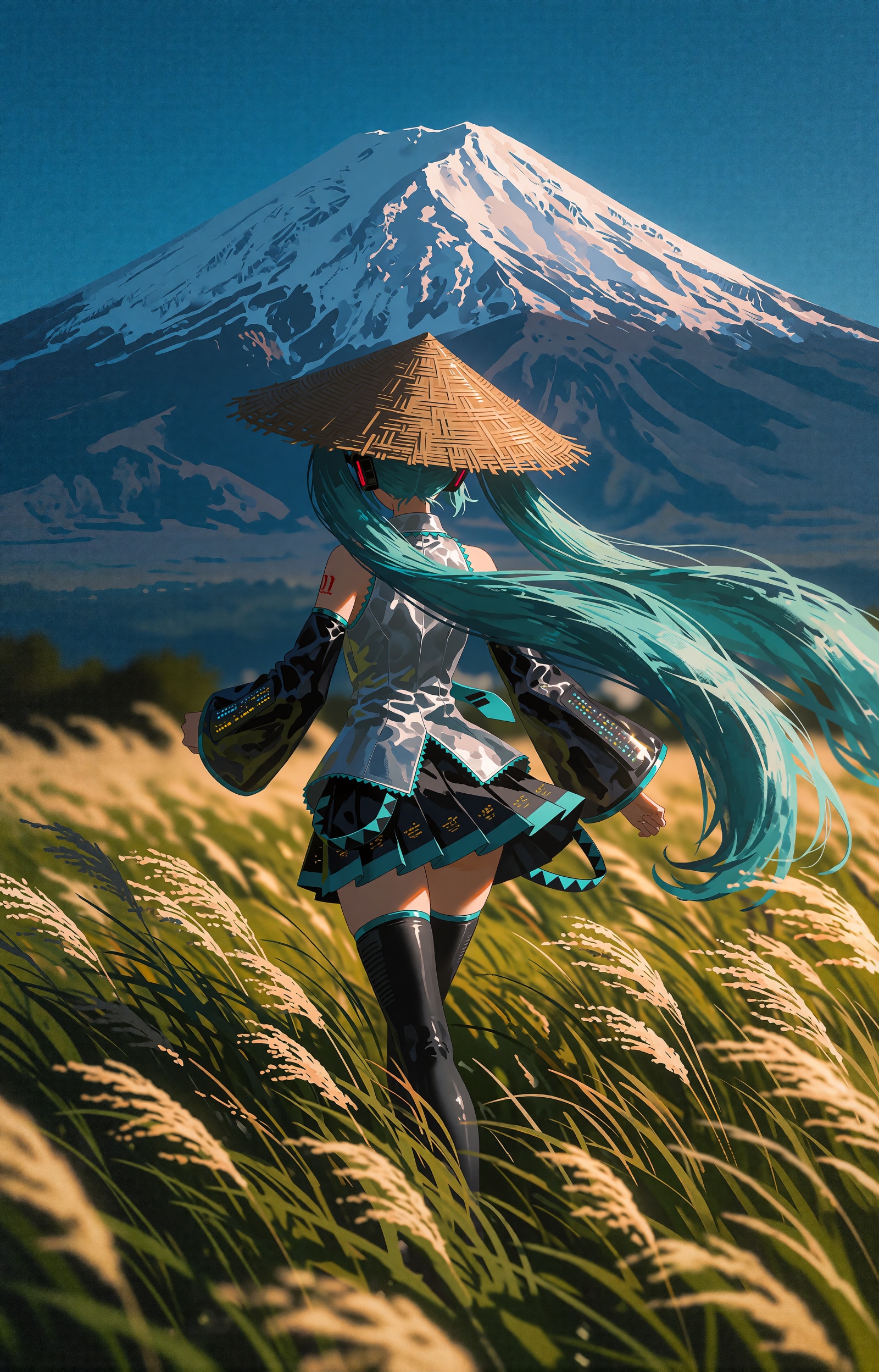 Hatsune Miku,  her endlessly long turquoise twin-tails streaming in the wind,  runs through tall on Tensor.Art