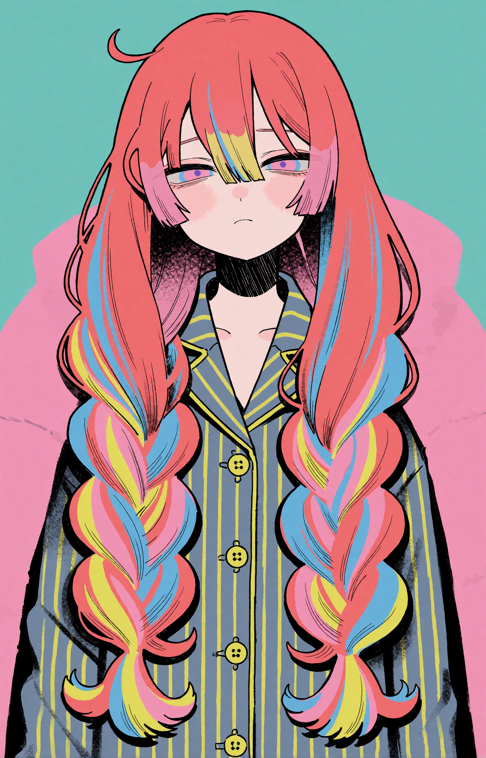 SUBJECT: A sleepy girl with very long coral-pink hair falling past her chest in heavy wavy curtains. Candy-stripe bands of...