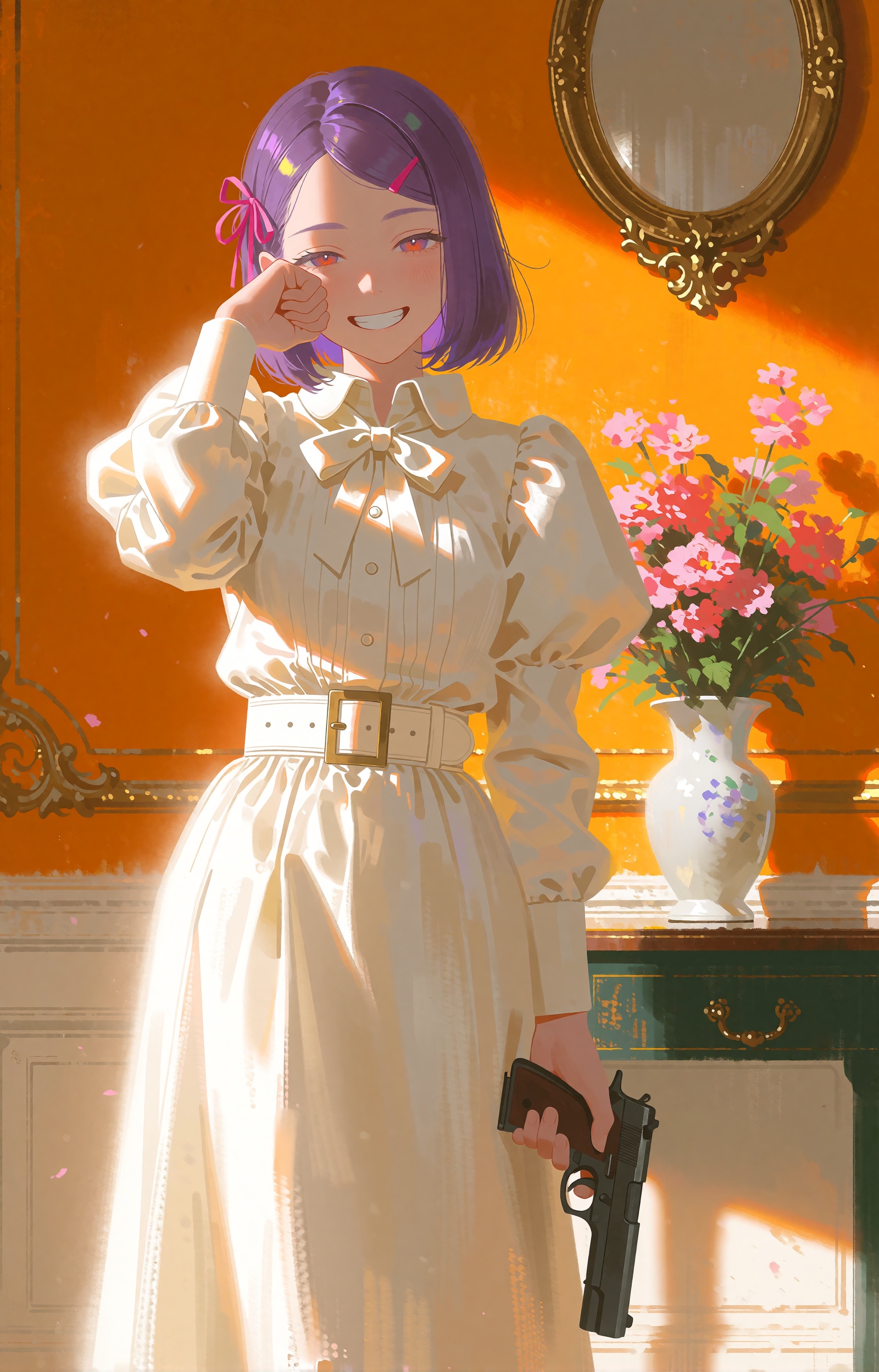 SUBJECT : A young woman with shoulder-length violet hair,  softly parted,  a pink ribbon clip pinned above one temple. Her...