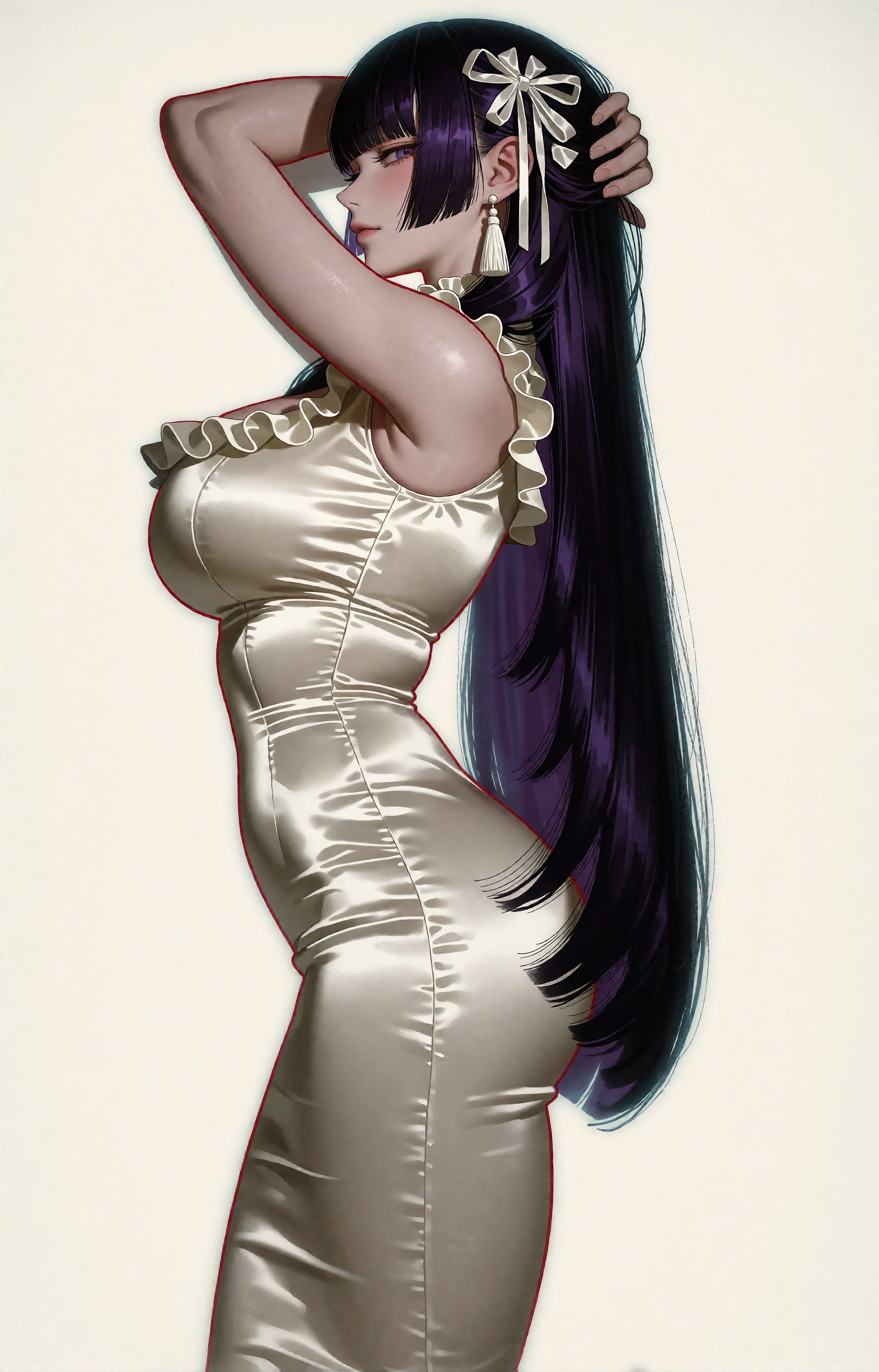 A full-body painterly anime illustration of an ***** woman with a voluptuous hourglass figure,  standing in profile agains...
