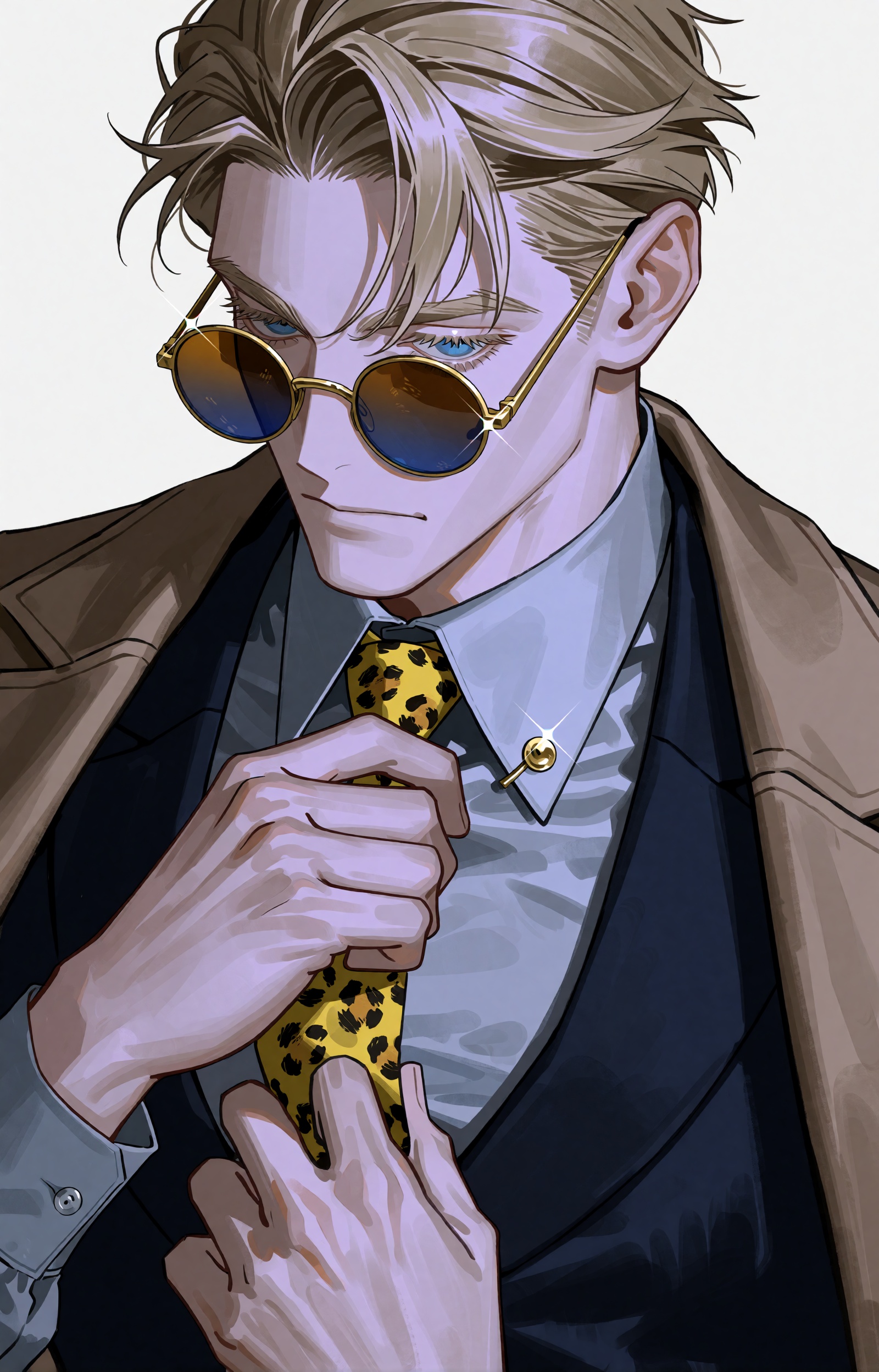 An anime-style portrait illustration of a composed ***** man with swept-back blond hair and loose strands across his foreh...