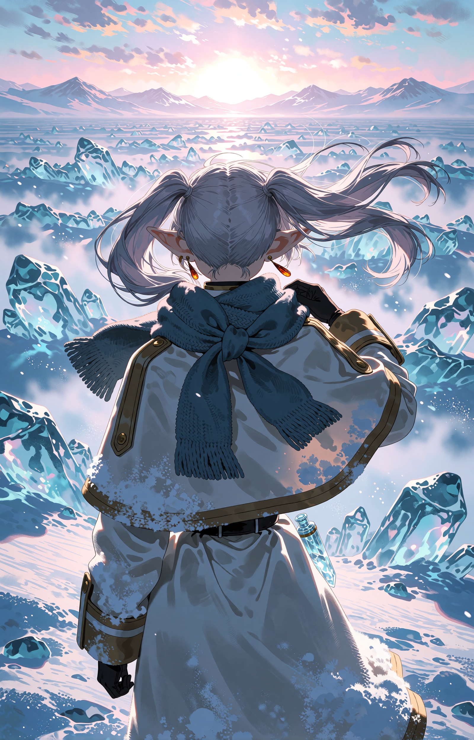 SUBJECT: An elf-like winter keeper is seen from behind,  her pointed ears catching the first dawn light. Long silver-white...