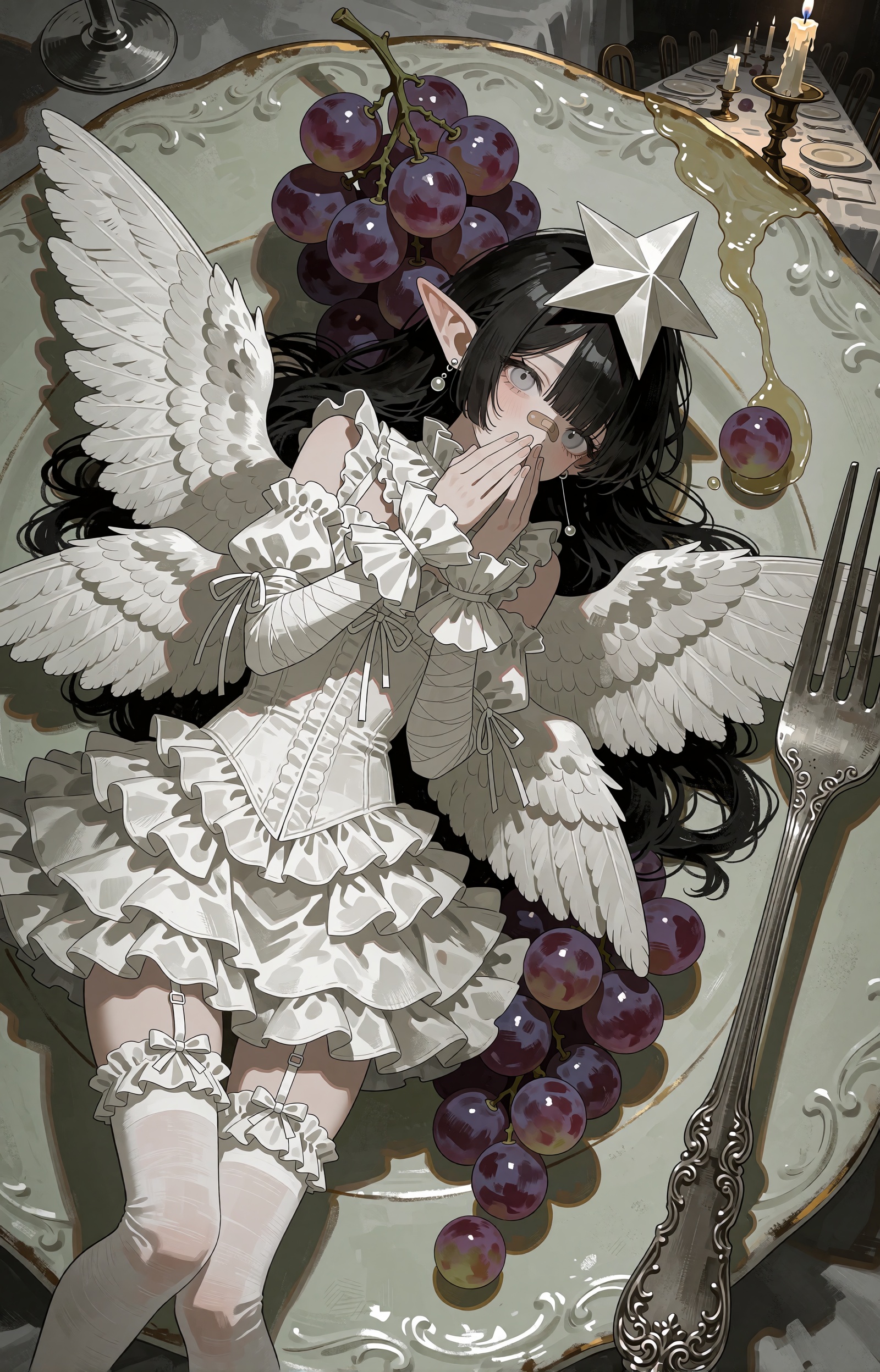 SUBJECT : A palm-sized feathered fairy girl lies as the centerpiece of a porcelain plate. Her long black hair spills acros...