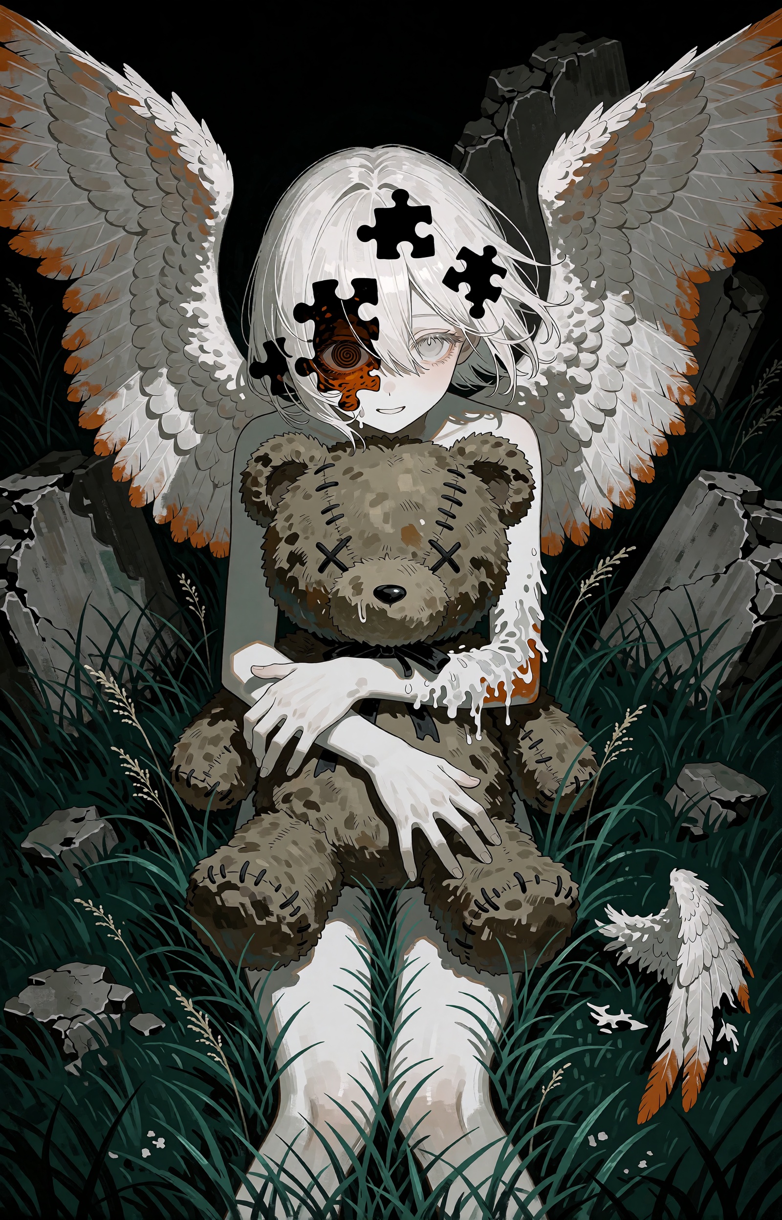 SUBJECT: A slender androgynous angelic figure with bone-white hair sits in tall night grass,  hugging a large worn teddy b...