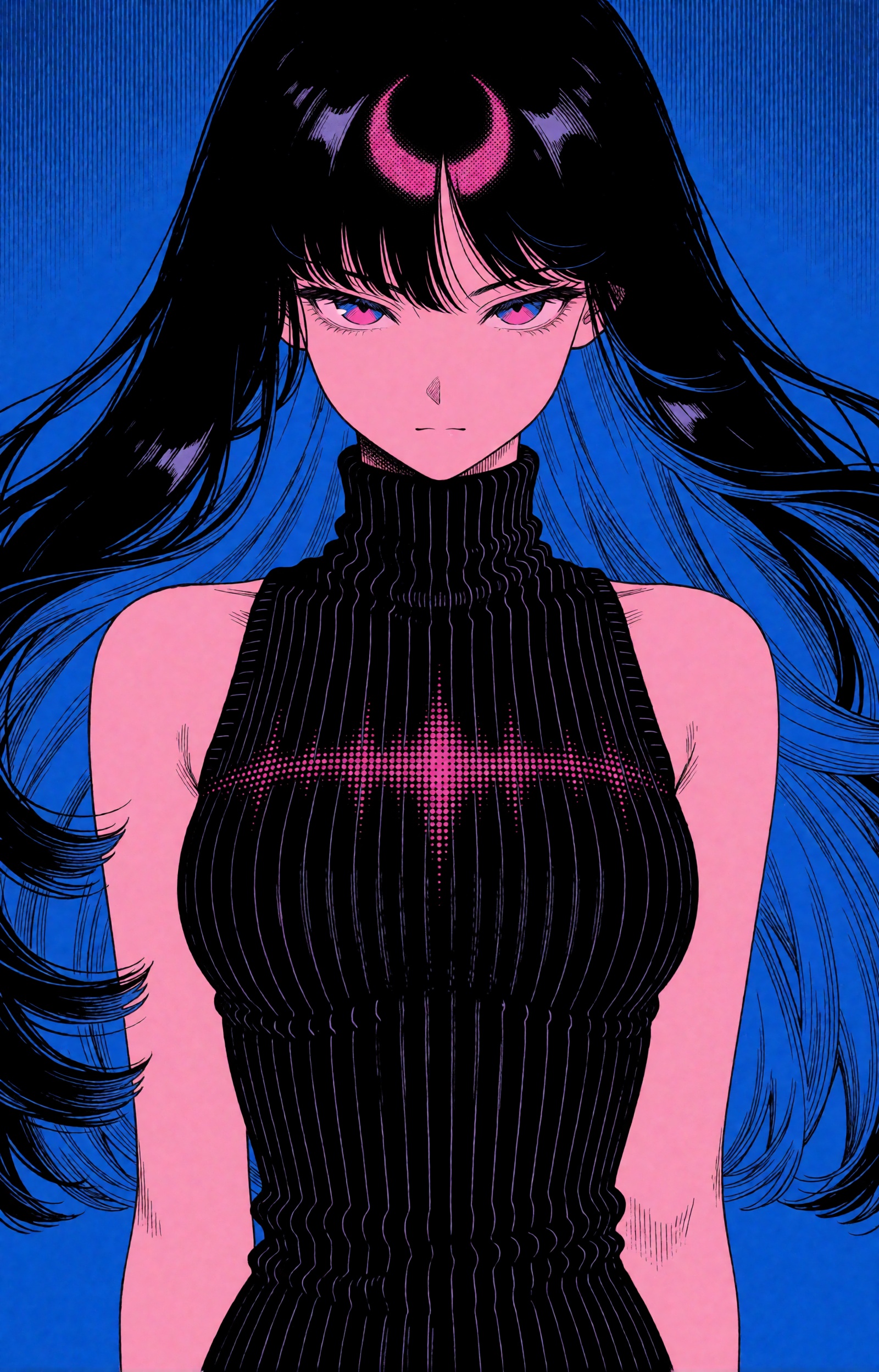 SUBJECT : A young woman with voluminous ink-black hair falling past her waist,  its underside streaked with electric-blue...