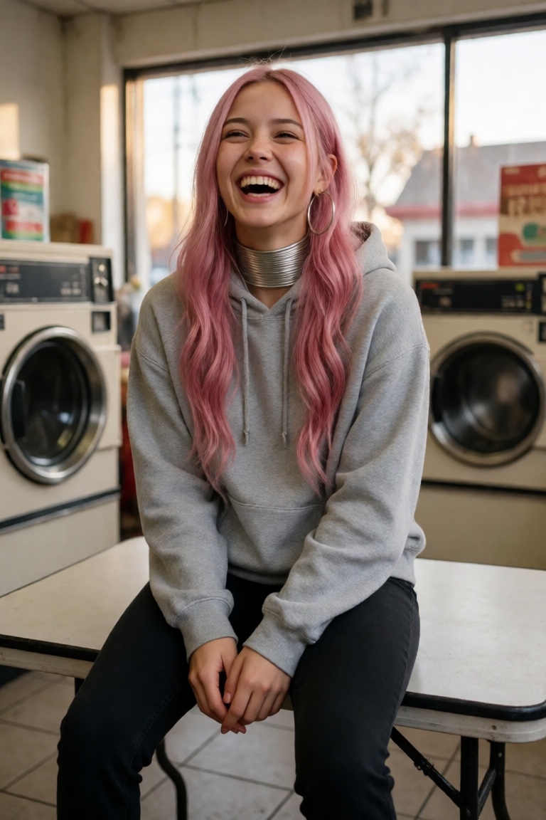 ainara,  pink hair,  silver spring-coil choker on Tensor.Art