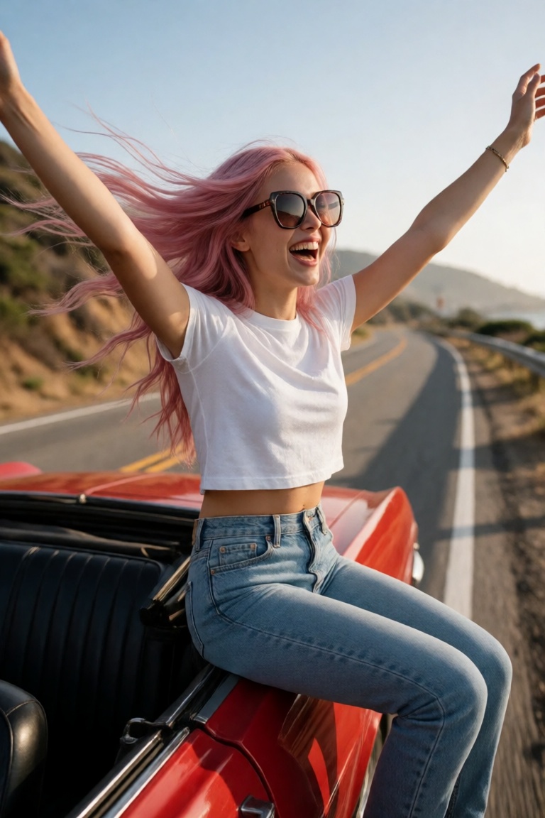 ainara,  pink hair blowing in the wind,  oversized sunglasses on Tensor.Art