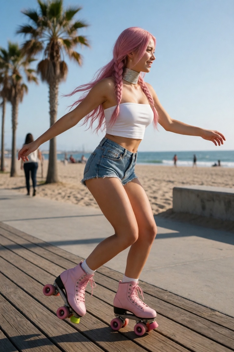 ainara,  pink hair in two braids,  silver spring-coil choker on Tensor.Art