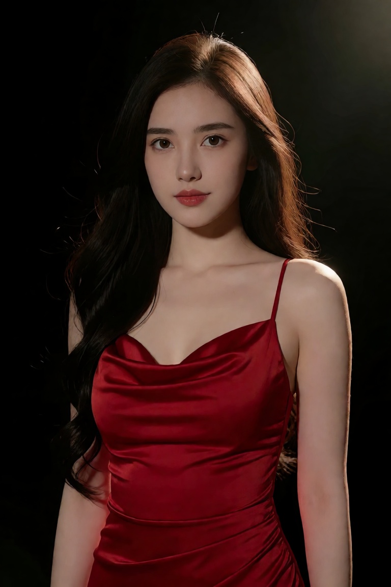 Create a cinematic scene featuring a 20-year-old woman standing against a dark backdrop,  where her long hair radiates lik...