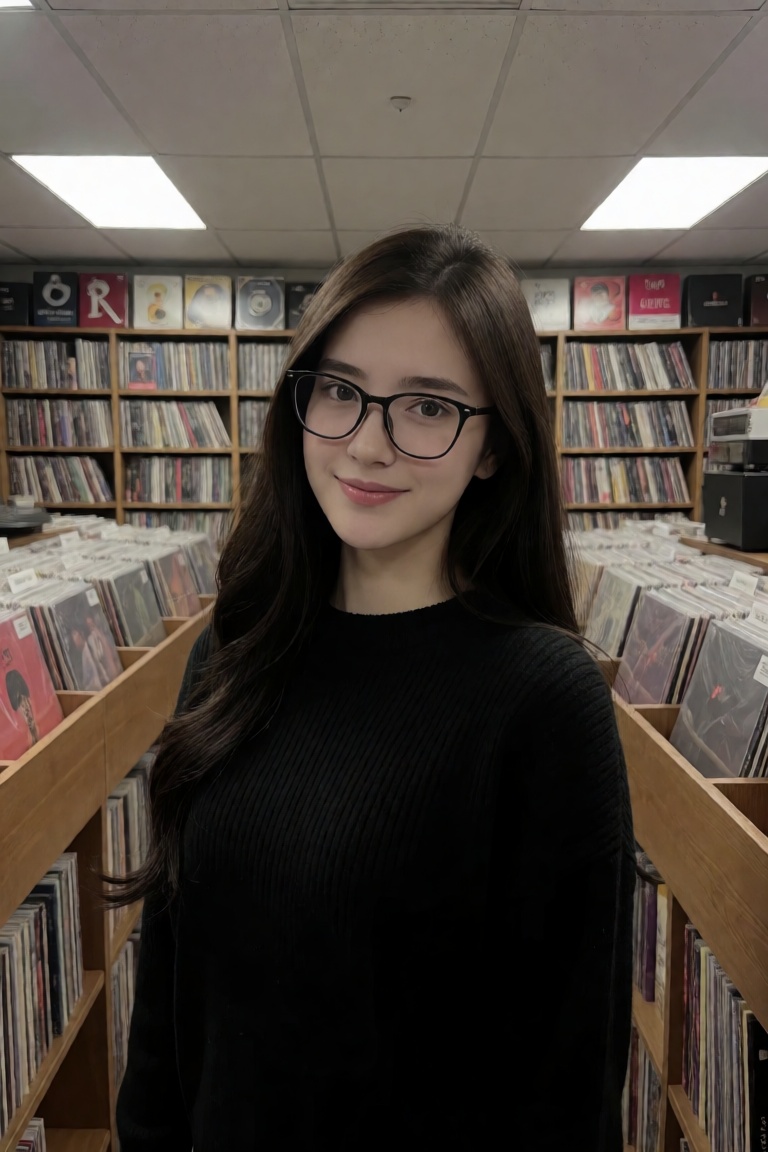 Create a high-end fashion editorial beauty image featuring a woman with long brown hair and glasses smiling at the camera...