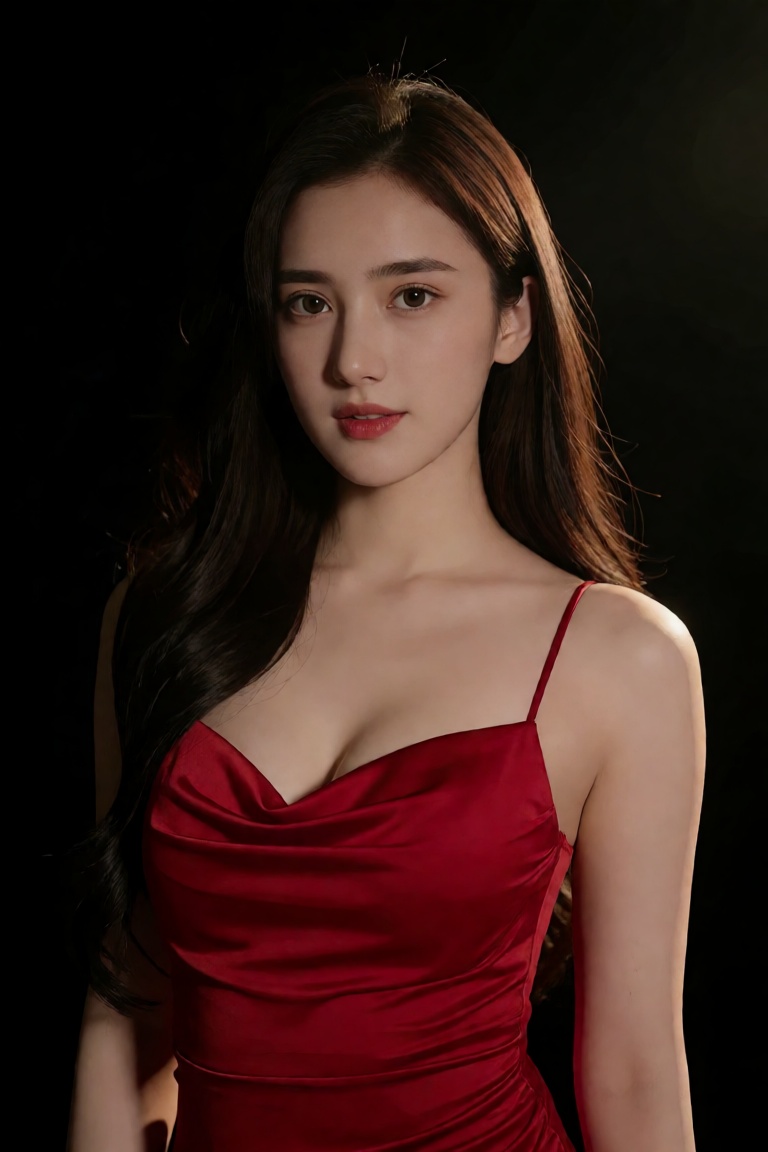 Create a cinematic scene featuring a 20-year-old woman standing against a dark backdrop,  where her long hair radiates lik...