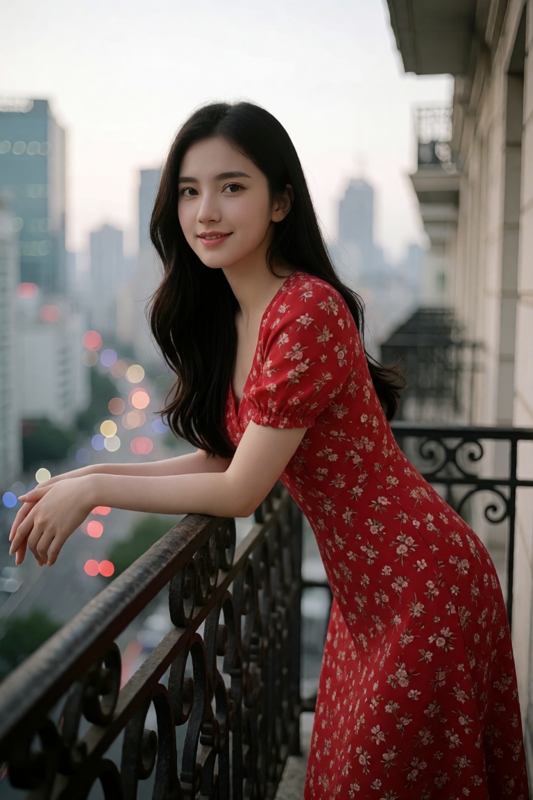 Create an elegant scene featuring a Korean girl with ethereal beauty,  dressed in a vibrant red floral dress. She leans ba...