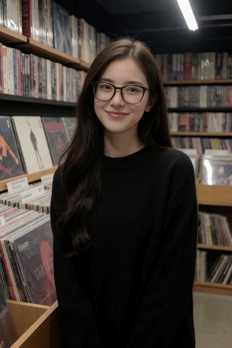 Create a high-end fashion editorial beauty image featuring a woman with long brown hair and glasses smiling at the camera...