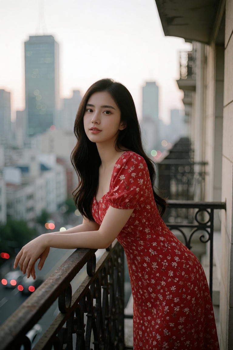Create an elegant scene featuring a Korean girl with ethereal beauty,  dressed in a vibrant red floral dress. She leans ba...