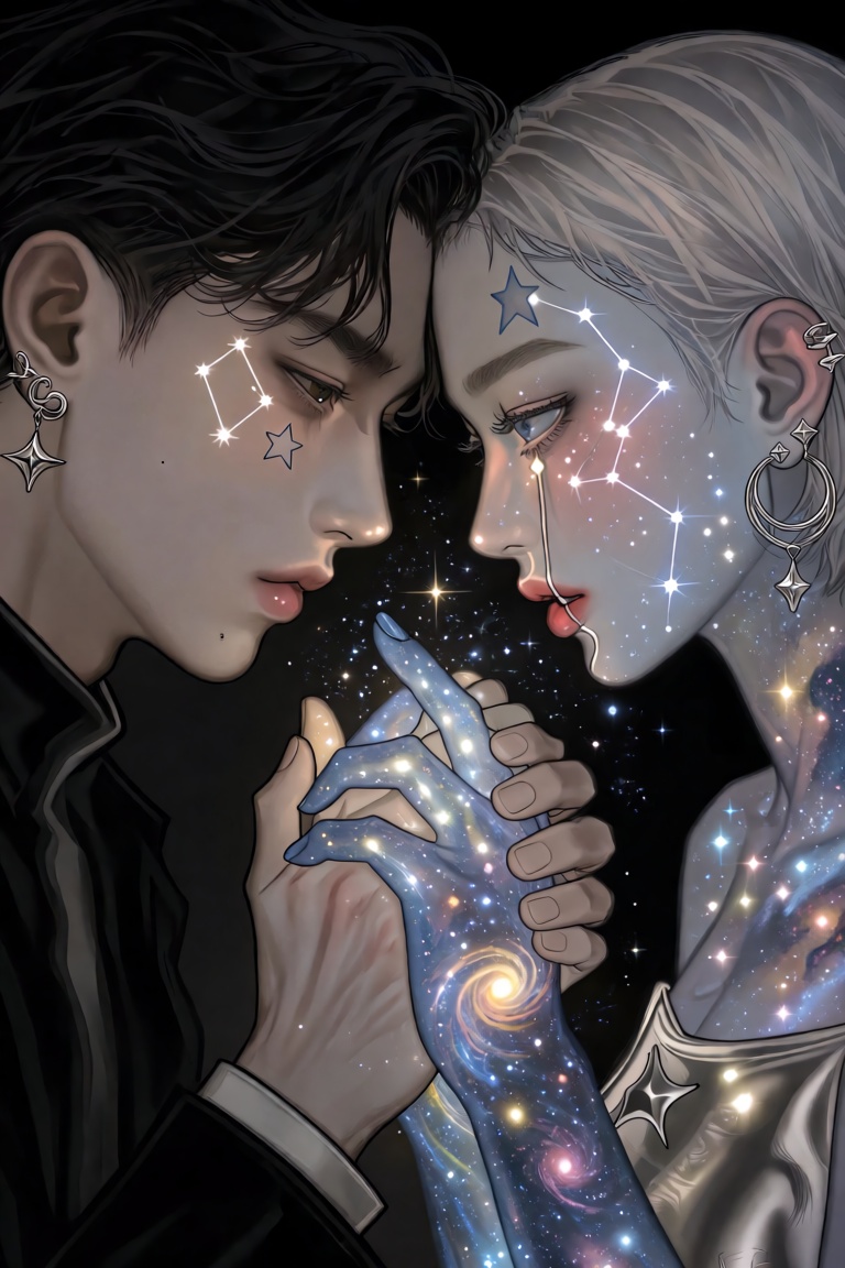 cTbcc,  manhwa Close-up. Two people press their foreheads together,  their hands clasped between them. Galaxies swirl in t...