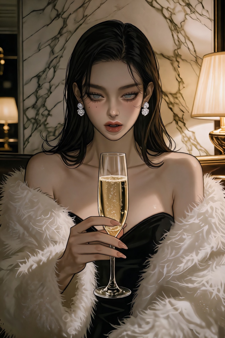 cTbcc,  manhwa Knee-up. A young woman with sleek dark hair wears a white fur coat draped off one shoulder. Diamond stud ea...