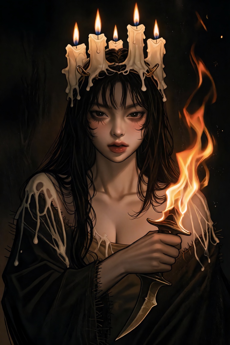 cTbcc,  manhwa Portrait of a young woman with a crown of lit candles melted onto her head,  wax dripping down her bare sho...