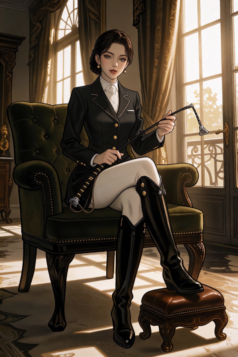 cTbcc,  manhwa Knee-up shot of a young woman in a tailored riding outfit with tall boots,  sitting sidesaddle on a velvet...