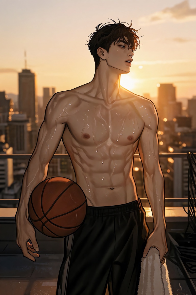 cTbcc,  manhwa A young man stands shirtless on a rooftop at sunset,  holding a basketball against his hip with one arm. Sw...
