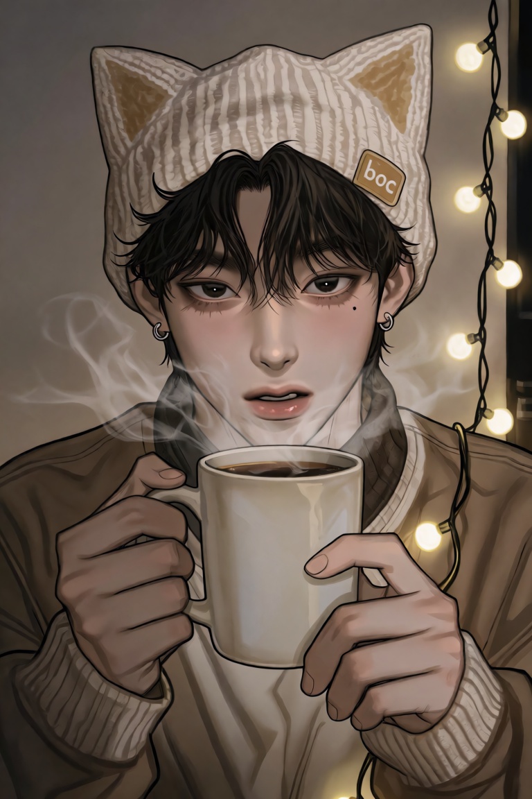 cTbcc,  manhwa Portrait of a young man in a knitted cat-ear beanie,  holding a ceramic mug with both hands in sweater paws...