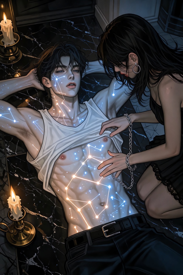 cTbcc,  manhwa Waist-up shot of a young man lying on a black marble floor,  his white **** top pushed up to reveal his sto...