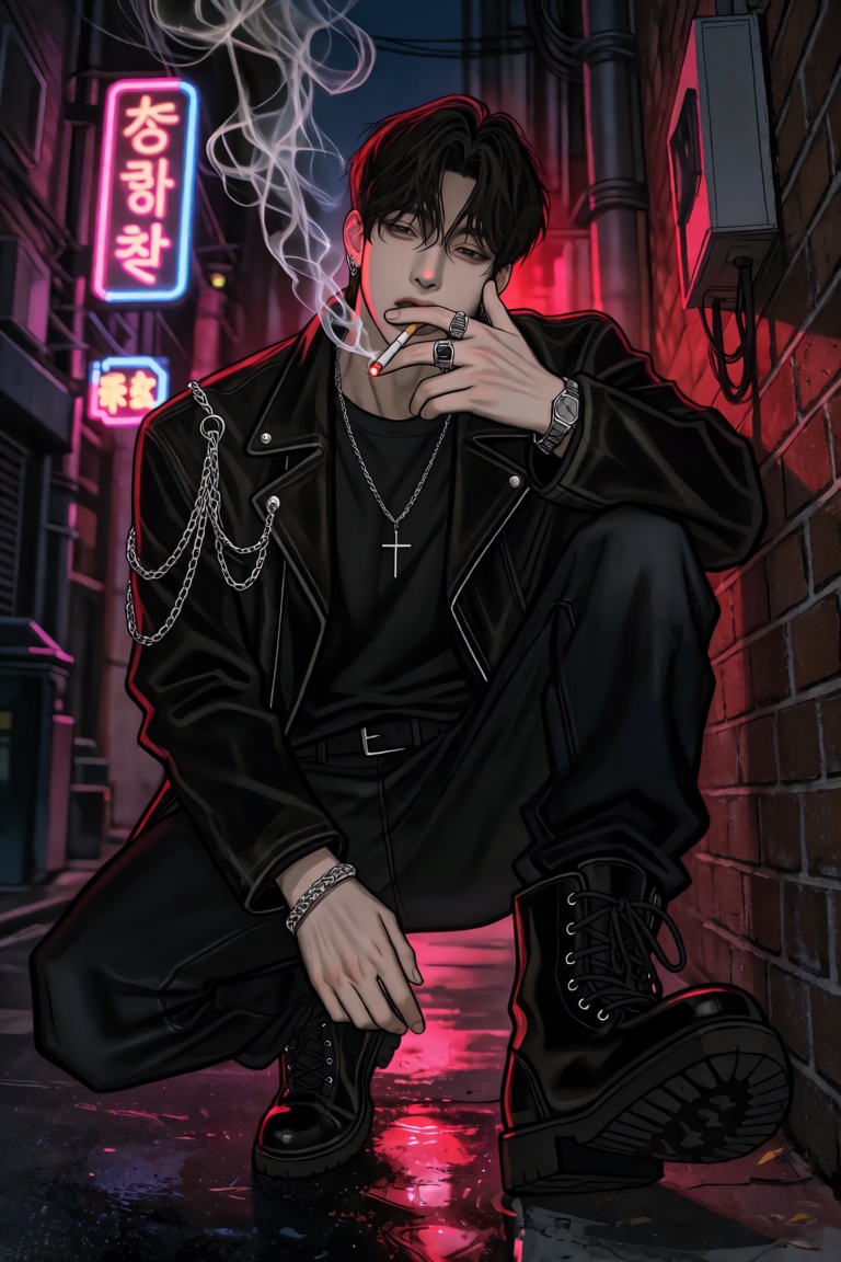 cTbcc,  manhwa A young man leans against a brick wall in a narrow alley at night,  one knee bent on Tensor.Art