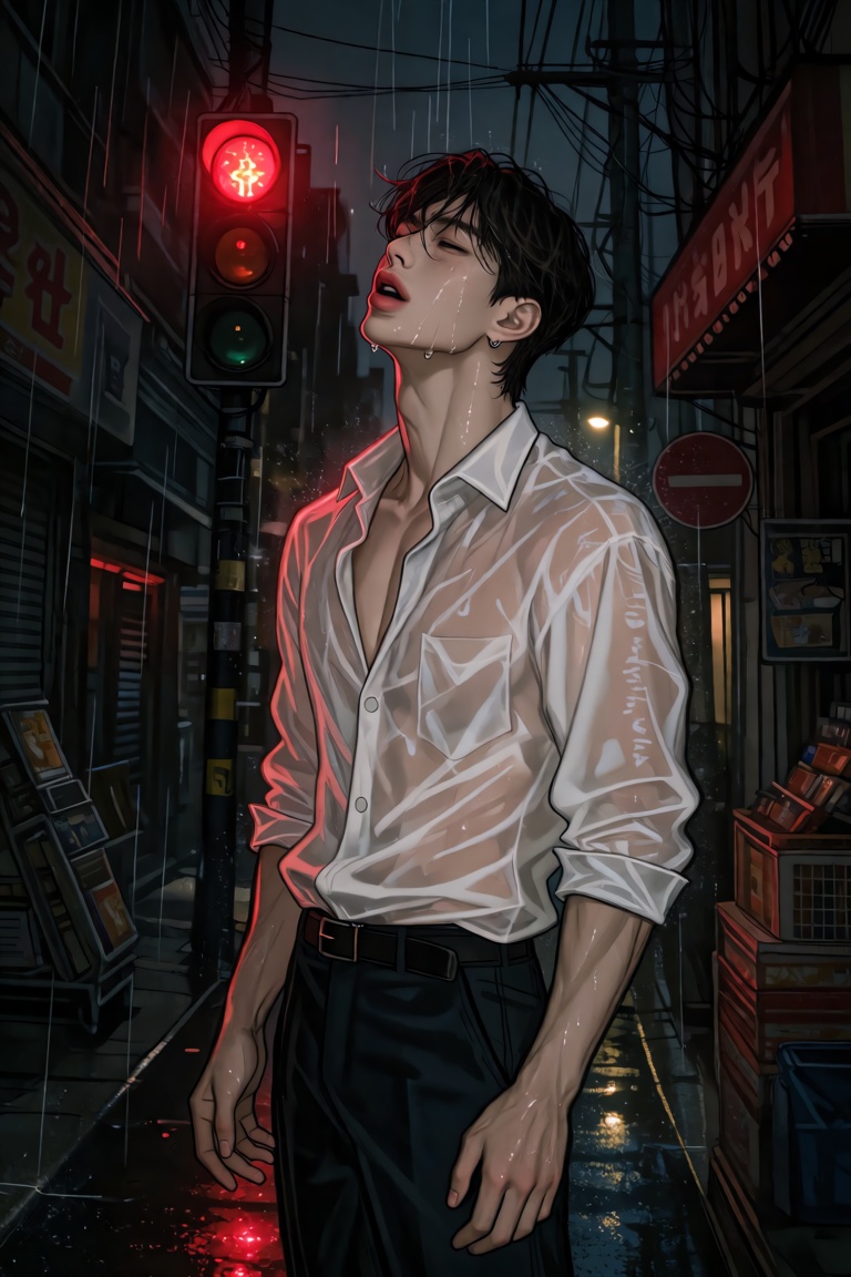 cTbcc,  manhwa A young man stands in heavy rain on an empty street at night,  head tilted back on Tensor.Art