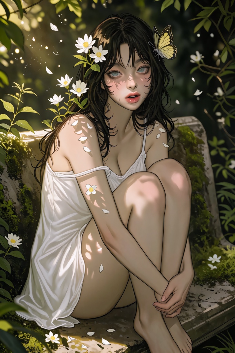 cTbcc,  manhwa A young woman sits on a moss-covered stone bench,  her knees drawn up to her chest. Small white flowers gro...