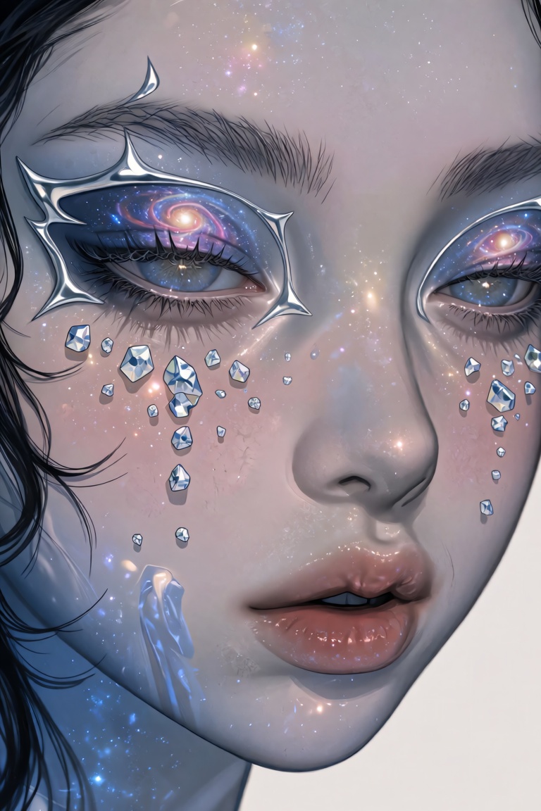 cTbcc,  manhwa Extreme close-up. A young woman's face displays translucent skin with visible galaxies swirling beneath her...